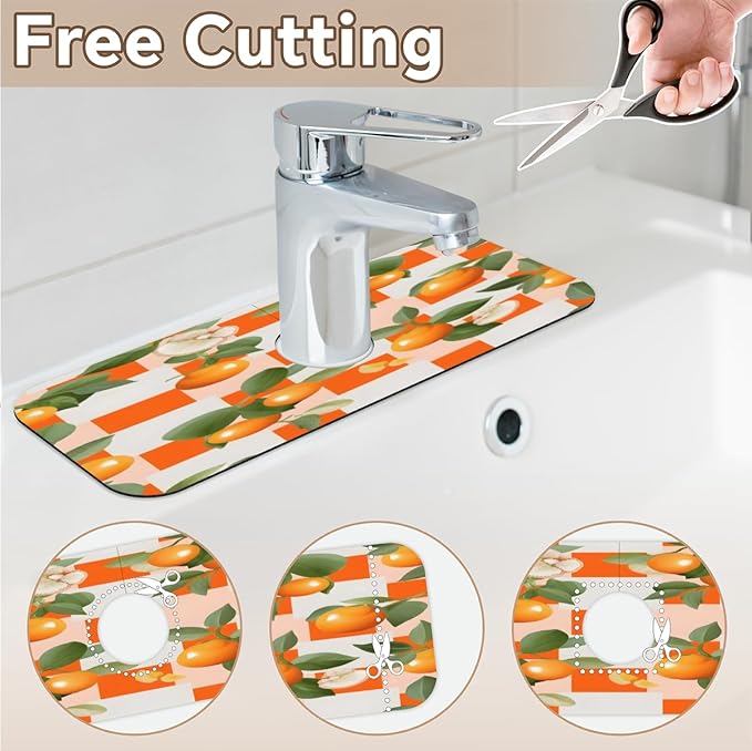 Orange Leaf Grid Pattern Kitchen Faucet Mat Splash Guard, 15.4”x5.7” Absorbent Quick Drying Sink Mat for Countertop Protection, Draining Mat Sink Protectors For Kitchen Bathroom, 1 Pack
