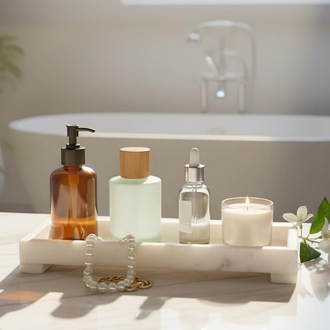 Marble Vanity Tray – White Marble Decorative Organizer for Bathroom, Kitchen, Perfume, Jewelry & Countertop Decor