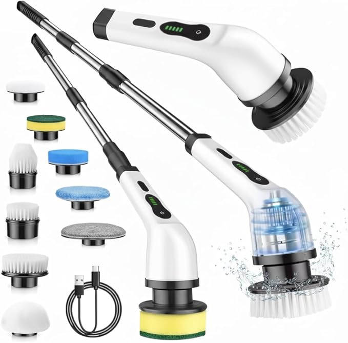 Electric Spin Scrubber for Cleaning with 9 Replaceable Brush Heads,Cordless Bathroom Cleaning Brush with 3 Speeds,IPX7 Waterproof,Adjustable Handle for Shower,Bathtub,carpet,Tile,Floor & Kitchen,White