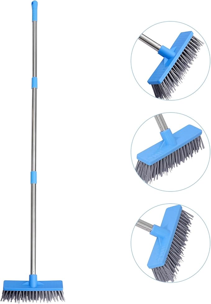 Wide Floor Cleaning Brush with Long Stainless Steel Handle Hard Plastic Bristles for Tile Bathroom Kitchen and Home Floors Ergonomic Design for Grout and Surface Scrubbing in Blue