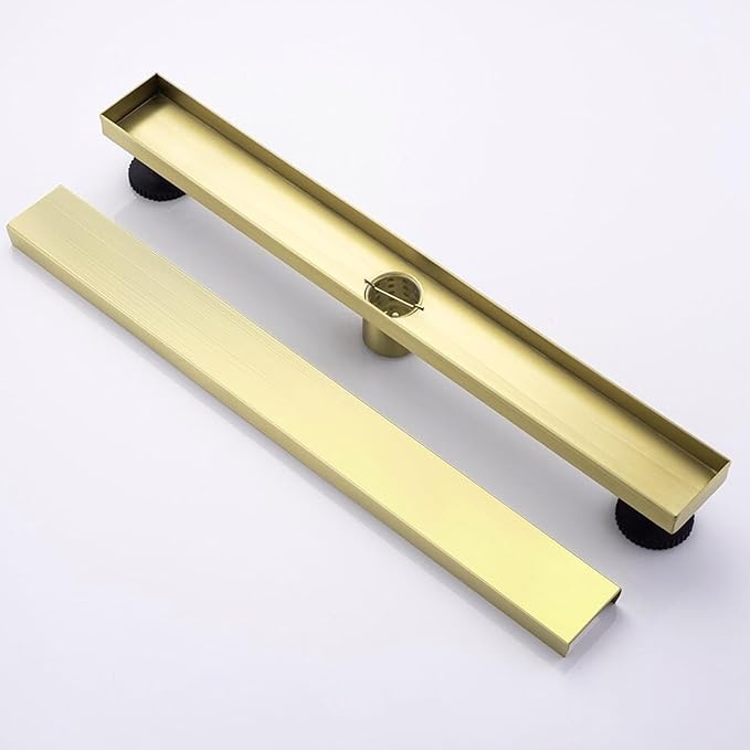 12 Inch Linear Shower Drain Bathroom Kitchen Golden Floor Drain Removable Capsule Pattern Cover Accessories Shower Drain 304 Stainless Steel Drain with Hair Strainer Adjustable Leveling Feet