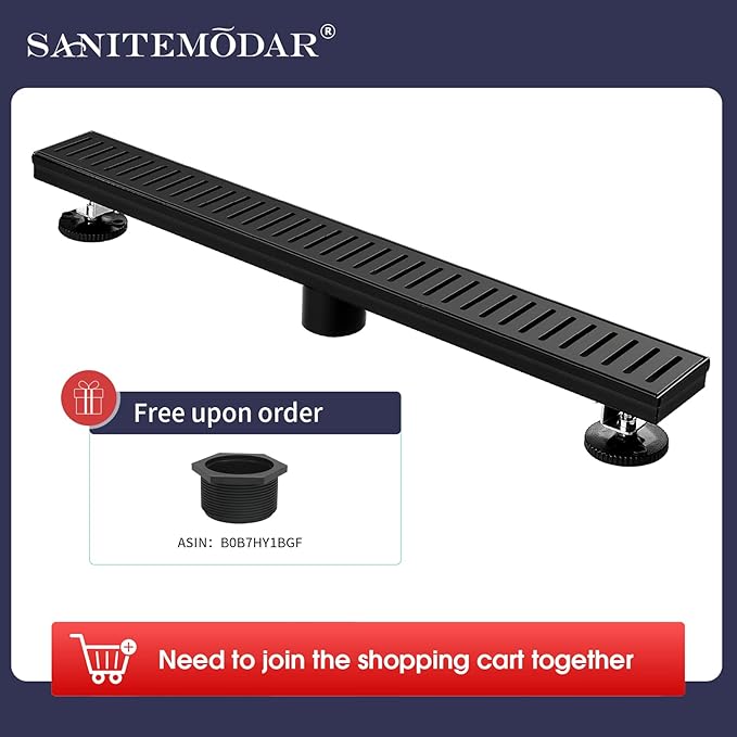 SaniteModar Linear Shower Drain 48 inch Matte Black with Removable Capsule Pattern Grate,Brushed 304 Stainless Steel Shower Drain Include Hair Strainer,Adjustable Leveling Feet