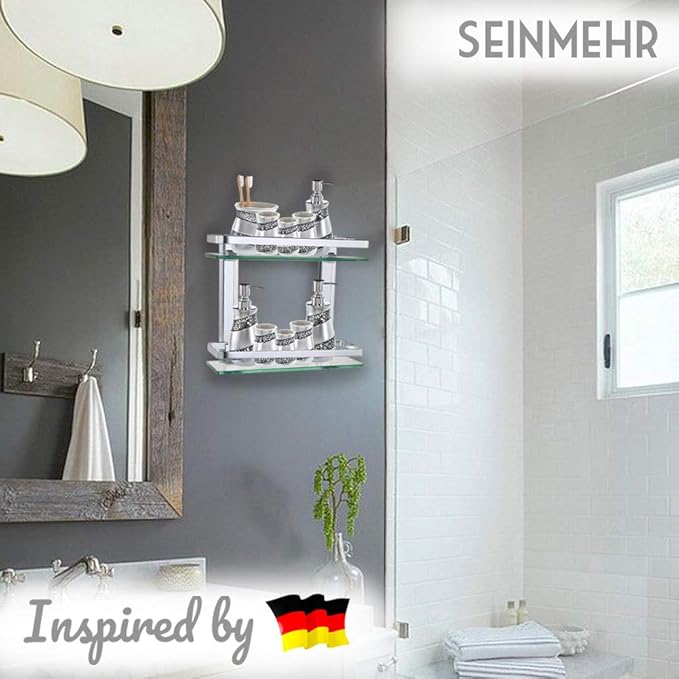 Comfecto 2-Tier Bathroom Glass Shelves, Wall Mounted Tempered Shelf Organizer Storage Holder with 14 Inch Rectangular Glass (8mm Thick) and Aluminum Rail for Shower Lavatory, Hardware Included