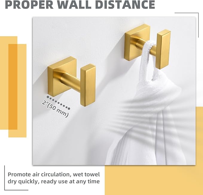 APLusee Robe Towel Hook 2 Pack Brushed Gold, 304 Stainless Steel Square Coat Hanger, Wall Mounted