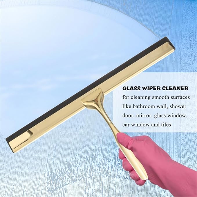Gold T Design Aluminum Shower Squeegee with Silicone Brush for Bathroom Door Mirror Car Glass with Hook Scraper Cleaner,Gold,25.6 * 16.5cm Suction Cup Type