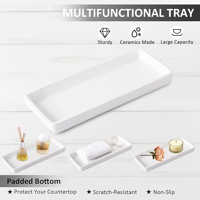 Resin 6 Pcs White Bathroom Set Complete with Toothbrush Holder, Lotion Soap Dispenser, 2 Qtip Holder Dispensers,Vanity Tray,Bathroom Tumbler - Countertop Vanity Organizer - Bathroom Accessories Set