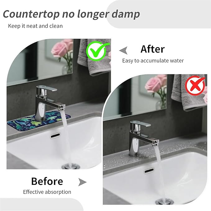 Kitchen Sink Splash Guard，Watercolor style dinosaurs Faucet Mat Sink Gadgets-Super Absorbent Fast Drying Mat Drip Catcher for Kitchen, Bathroom,Sink Mat, Dish Drying Mat, Bathroom(15" X 5.5" )