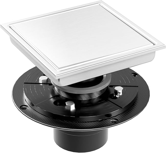 6 Inch Square Shower Drain with Flange Reversible 2-in-1 Cover Tile Insert Grate SUS 304 Stainless Steel, Hair Catcher, Anti-Clog, Rust-Resistant, Fast Drainage (Brushed)