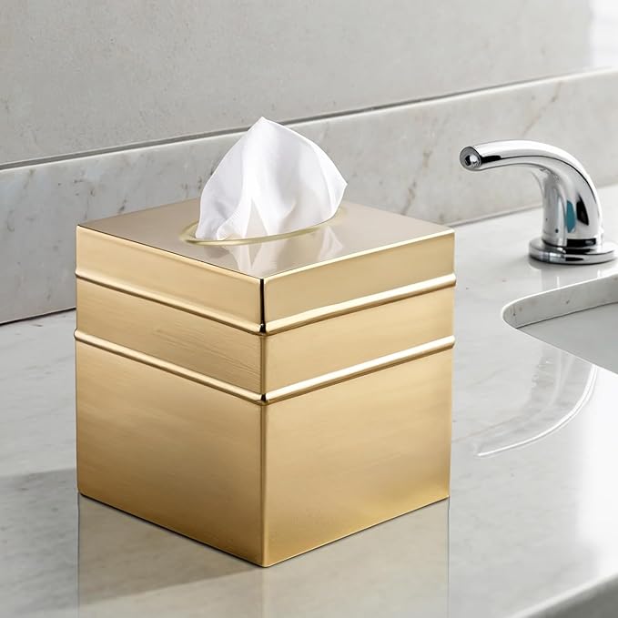 Monarch Abode Tissue Box Cover Square – Handcrafted Border Embossed Brushed Gold Metal Tissue Holder Box for Bathroom Accessory, Aesthetic Decorative Facial Napkin Cube for Modern Home Decor