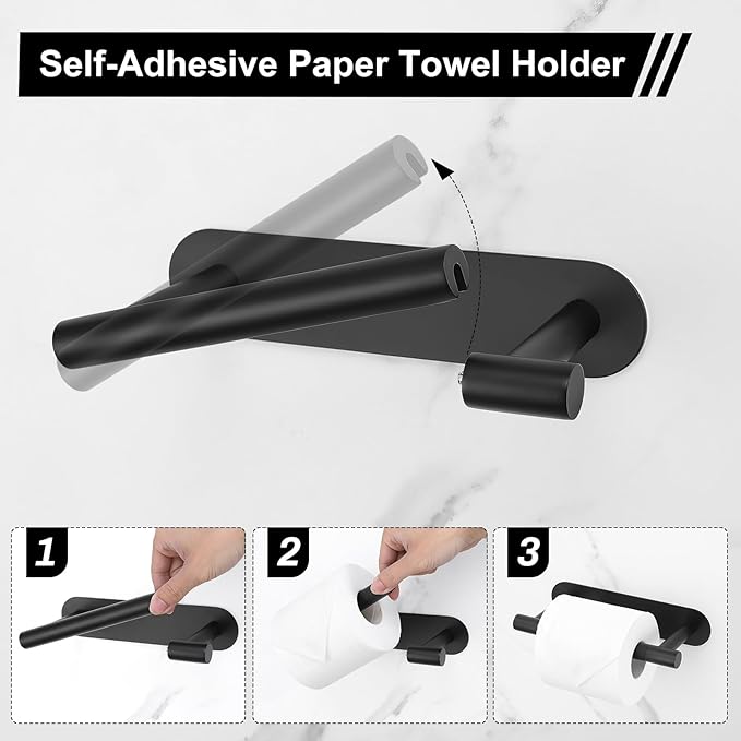 2 Pieces Self Adhesive Matte Black Toilet Paper Holder, Commercial Toilet Paper Dispenser Toilet Roll Holder, Double Base Paper Towel Holder Wall Mount No Drilling for Bathroom, Kitchen