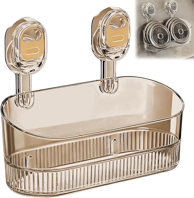 No Drill Bathroom Suction Storage Box, 2026 New Suction Cup Shelf, Multi Functional Wall-Mounted Organizer for Home Bathroom, Modern Transparent Storage Basket for Family (Gold)