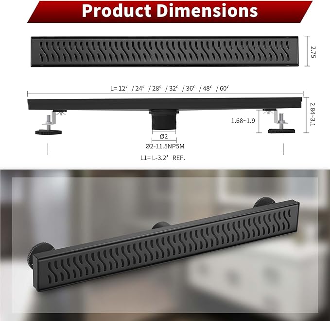 Sharp-tec Shower Drain, 32 inch Linear Shower Drain, Matte Black 304 Stainless Steel Rectangular Shower Floor Drain with Adjustable Leveling Feet, Hair Strainer, cUPC Certified, ST-103-32B