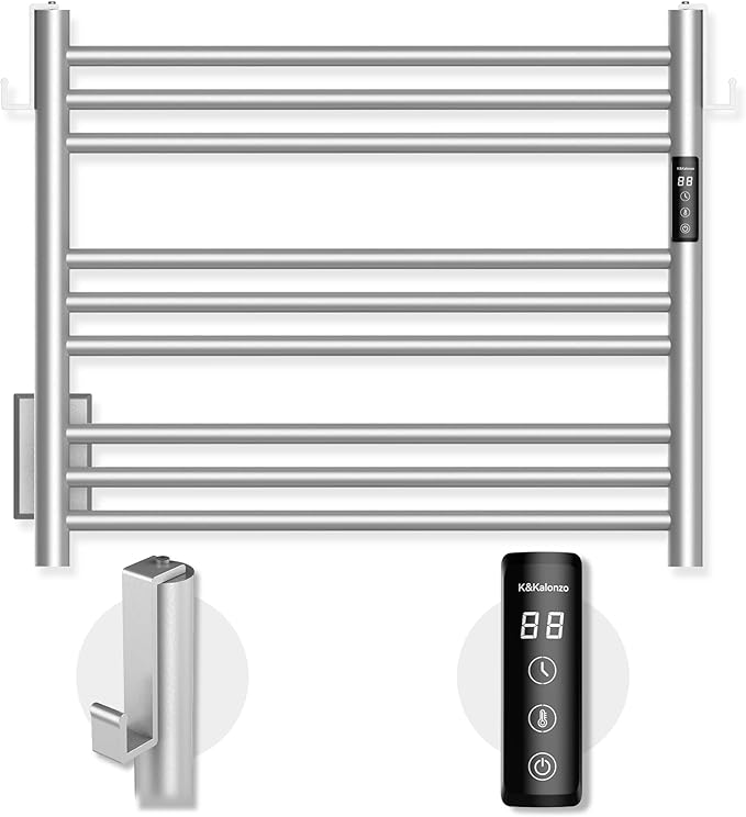 K&KALONZO Towel Warmer for Bathroom, Wall-Mounted 9-Bar Heated Towel Rack with Built-in Timer, Waterproof Electric Towel Heater, Support Plug-in and Hardwired, Brushed, EL13S