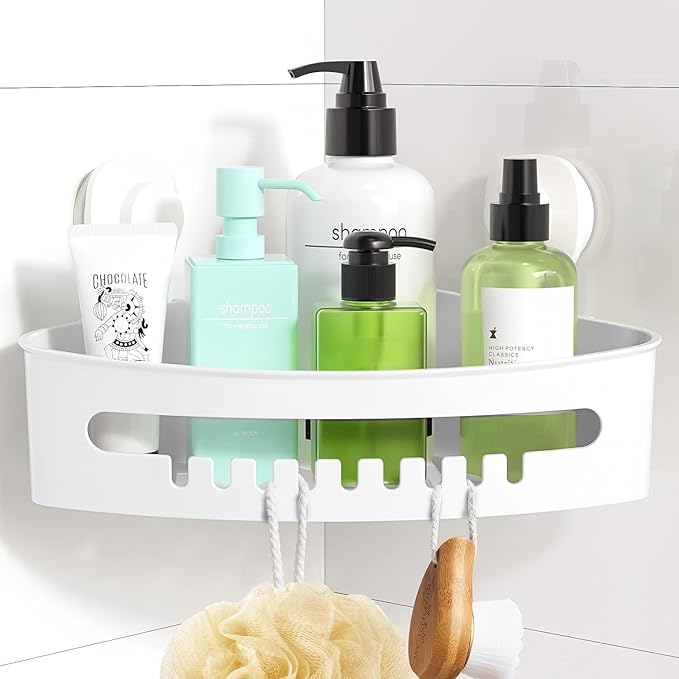 LUXEAR Corner Shower Caddy Suction Cup No-Drilling Removable Shower Caddy Basket Powerful Suction Bathroom Shower Shelf Waterproof & Rustproof Organizer for Bathroom Storage - White
