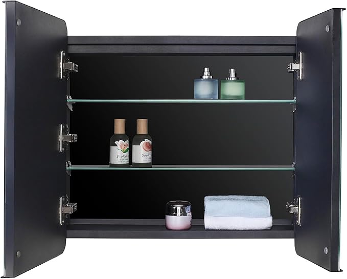 LED Bathroom Medicine Cabinet with Round Corner Framed Mirror Door 22 x 20 inch, Recessed or Surface Mount, with Adjustable Glass Shelves Shelves