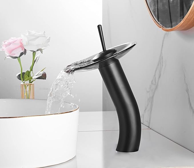 Waterfall Vessel Faucet, Black, 1 Hole, Lead-Free Solid Brass, Temperature and Flow Control with One Lever Handle