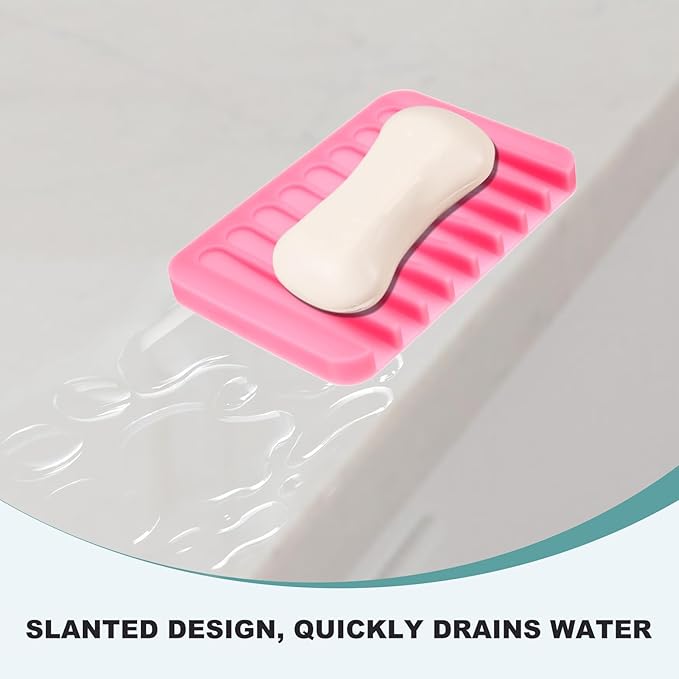 uxcell 2 Pcs Self Draining Silicone Soap Dish, Soap Tray with Drainage for Bathroom Shower Kitchen Sink, 4.5" x 3.1" x 0.4", Pink