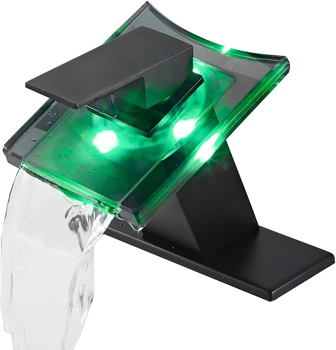 Bathroom Faucet Black Led Light 3 Color Changing Waterfall Glass Spout RGB Battery Power Lavatory Vanity Sink Faucet Single Handle One Hole Deck Mount Modern Designer Bath Basin Tap