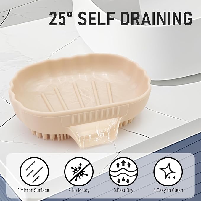 Silicone Soap Dish with Drain 2 Pcs, Anti-Slip Bathroom Bar Soap Holder Dishes Self Draining Waterfall Saver Plate for Shower Sink - Unique Bottom Brush Easy Dry & Clean (Khaki + Lavender Grey)