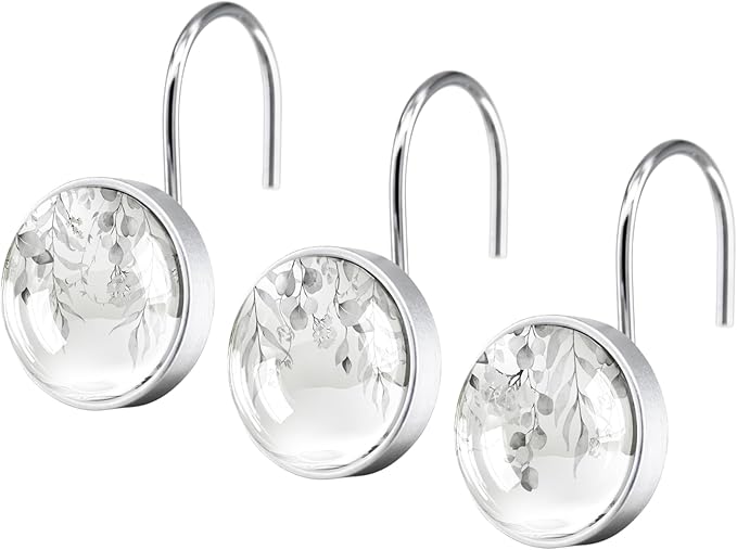 12 Pcs Round Grey Eucalyptus Decorative Shower Curtain Hooks - Rust Proof Glass Surface Stainless Steel Rings for Farmhouse Bathroom
