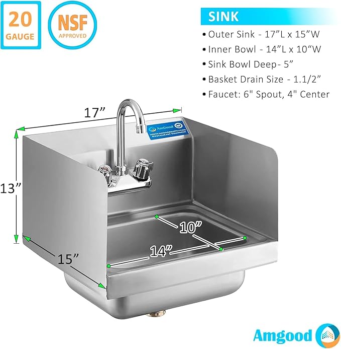 15" x 17" Stainless Steel Wall Mount Hand Sink with Gooseneck Faucet & Side Splash – NSF Certified Commercial Handwashing Basin