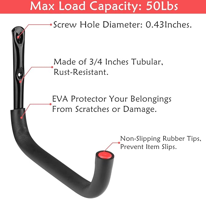 12.7 Inch Heavy Duty Large Tool Hanger, 4 Pack Wall Mounted Garage Storage Hooks, Indoor Black + Red 12.7Inches x 9.2Inches