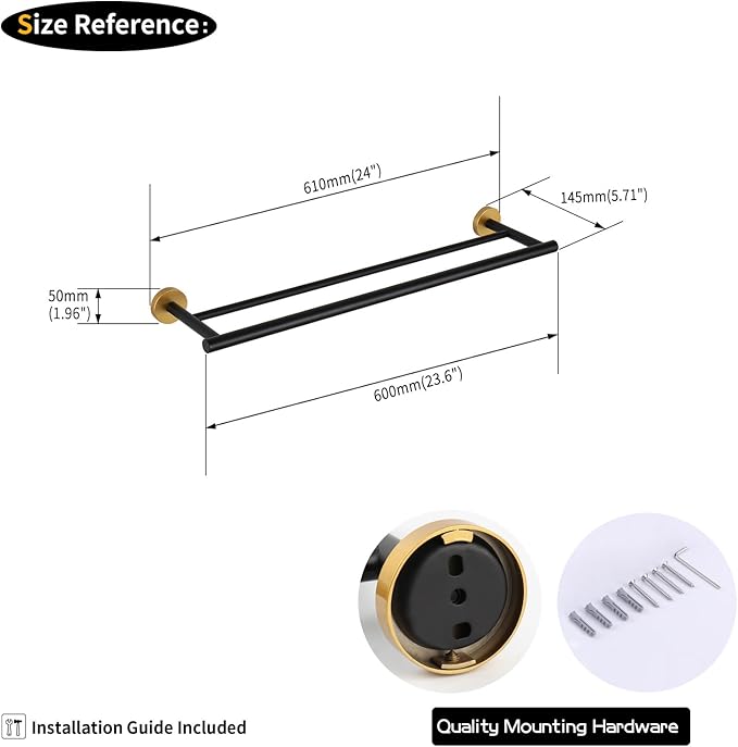 GERZWY 24-Inch Bath Double Towel Bar Stainless Steel Modern Round Style Bath Hand Towel Rack Wall Mount Black & Gold