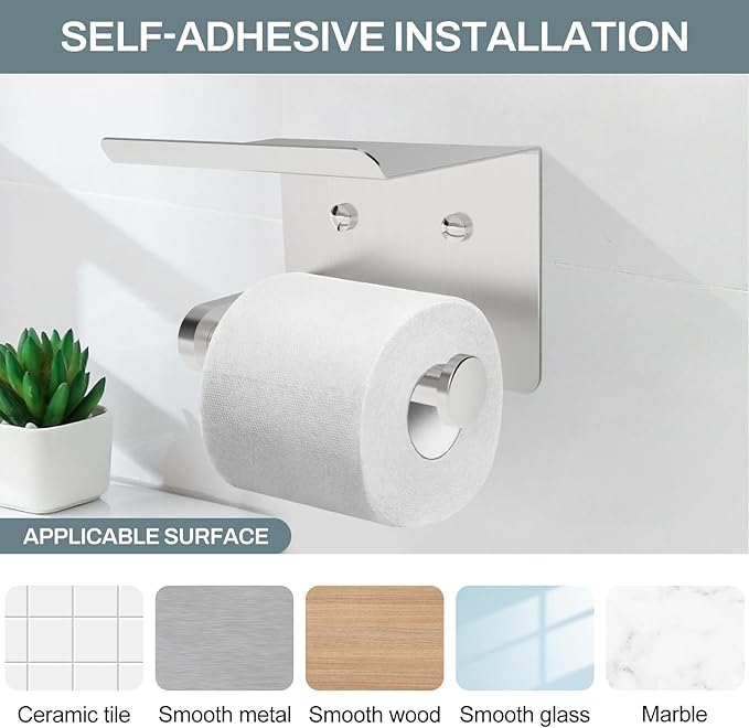 SetSail Toilet Paper Holder with Shelf Adhesive or Screw-in Bathroom Toilet Paper Roll Holders Wall Mount Brushed Nickel Heavy-Duty Tissue Holder for Bathroom Hardware Accessories, 2 Packs