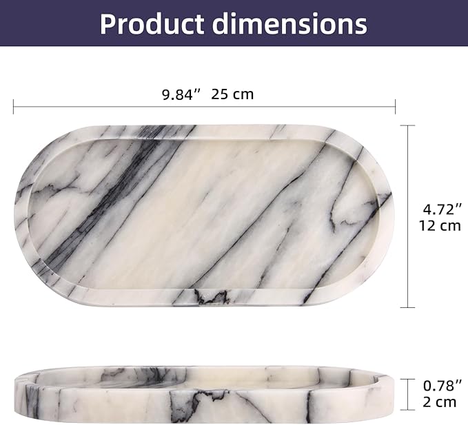Oval Marble Bathroom Vanity Tray, Natural Luxury Marble Home Kitchen Bathroom Table Tray, Stone Decorative Countertop Serving Trays for Coffee Perfume Jewelry Makeup (Lilac, 10 * 5 * 0.6)