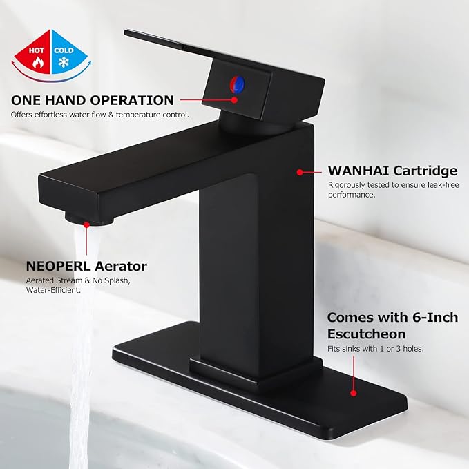 Brass Single-Handle Bathroom Sink Faucet with Escutcheon, Pop Up Drain Stopper & Water Supply Hoses, Matte Black, 14253