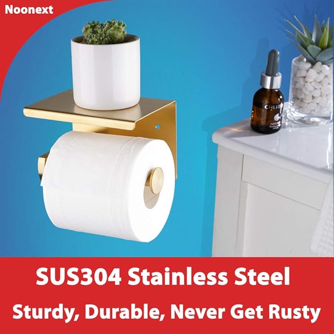 Adhesive Toilet Paper Holder with Shelf, SUS304 Stainless Steel Toilet Paper Roll Holder, Brushed Gold, No Drilling or Wall-Mounted with Screws