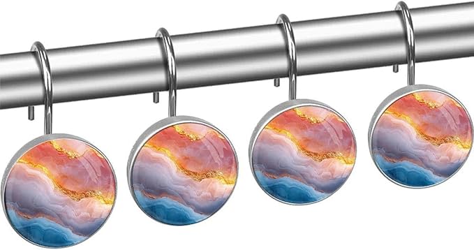 Multicolor Marble Decorative Shower Curtain Hooks,12 Pcs Rust Proof Glass Surface Stainless Steel Curtain Rings for Bathroom Bedroom Living Room Shower Rods Decor