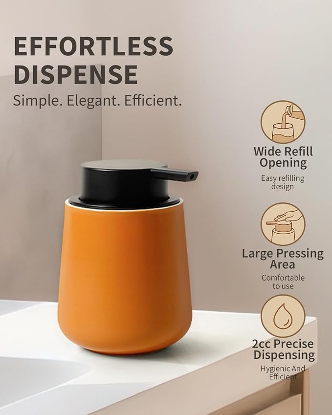 BosilunLife Bathroom Accessory Set - 3 pcs Ceramic Bathroom Soap Dispenser Set Farmhouse Bathroom Counter Decor Set Accessories, Soap Dispenser and Toothbrush Holder with Tray, Orange