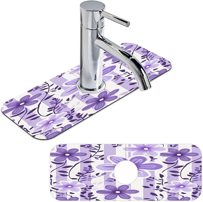 Purple Floral Stripe Kitchen Faucet Mat Splash Guard, 15.4”x5.7” Absorbent Quick Drying Sink Mat for Countertop Protection, Draining Mat Sink Protectors For Kitchen Bathroom, 1 Pack