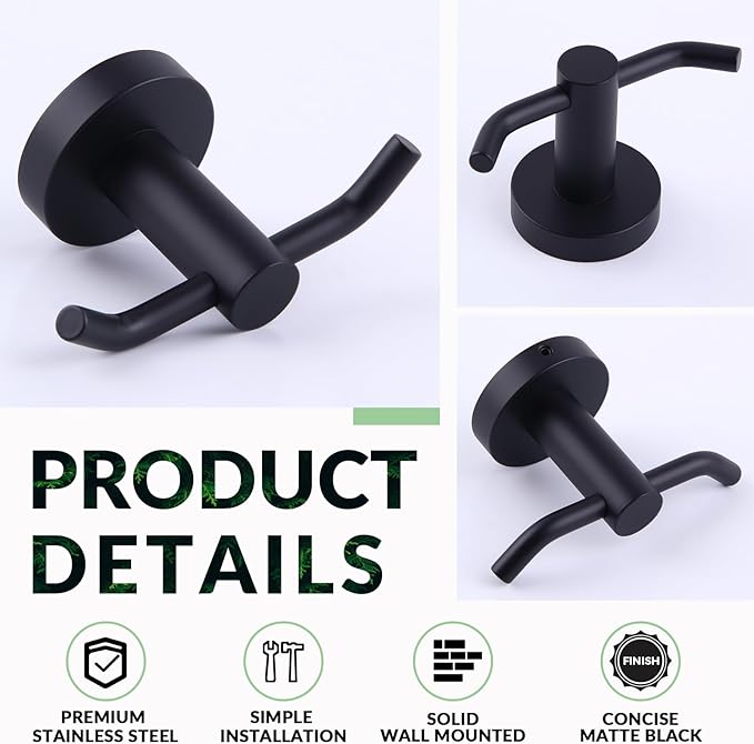 APLusee Double Bath Towel Hook, Premium Stainless Steel Coat Holder, Modern Bathroom Kitchen Storage Hanger Wall Mounted, Matte Black