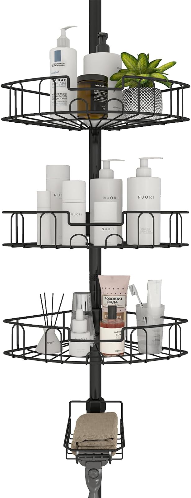 Corner Shower Caddy Tension Pole - Rustproof Stainless Steel Bathroom Shower Organizer, 4 - Tire Height Adjutable, Floor to Ceiling Stand, Fits 56 to 125” Corner Bathtub, Drill Free Quick Setup