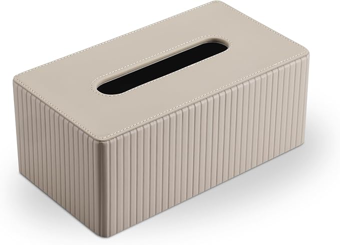 KINGFOM PU Leather Tissue Box Cover Rectangular Tissue Box Holder with Magnetic Bottom, Napkin & Facial Tissue Holder Dispenser for Home, Office (Decorative Pattern-PU Leather, Beige Stripe)