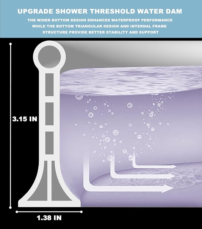 3.15" High- Shower Threshold Water Dam,67 Inch New Shower Dam - Shower Splash Guard Water Dam Barrier, Collapsible Shower Water Dam for Wet and Dry Separation