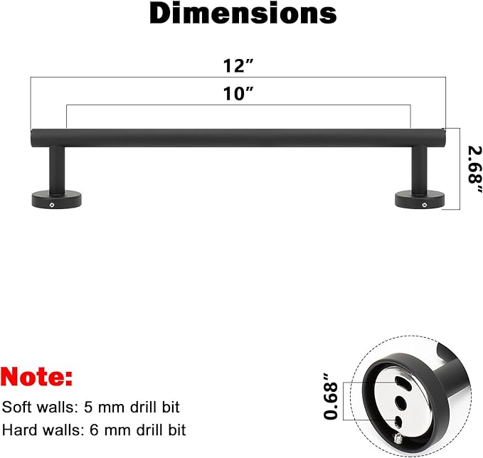NearMoon Bath Towel Bar, Thicken Stainless Steel Shower Towel Rack Holder Wall Mounted for Bathroom, 12-lnch Overall Length-10-lnch Usable Hanging Space (1 Pack, Matte Black)