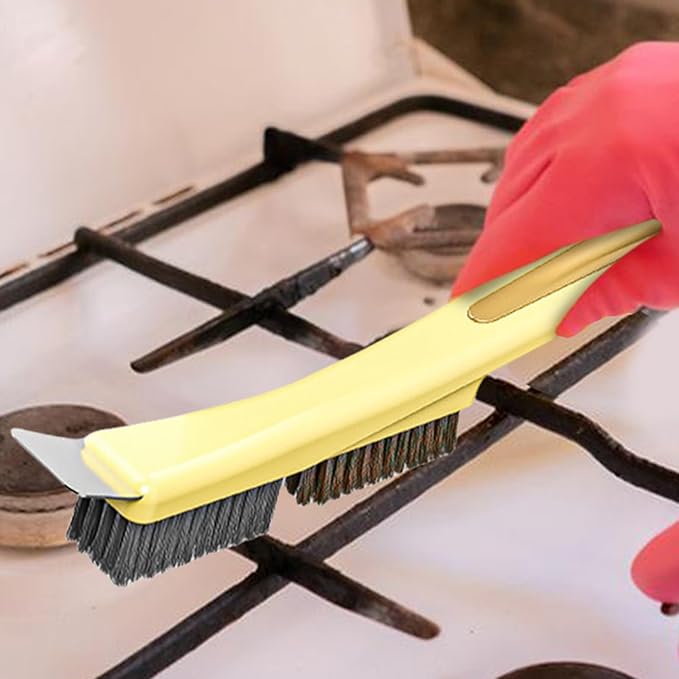 Kitchen Stove Top Brush - Steel Wire Scrubber with Built In Scraper | Heavy Duty Cleaning Gadget for Home Use, Dirt Removal Tool for Tile, Sink Drains, Stove Tops, Grout, Bathroom Corners, Household S
