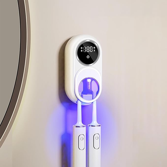 Wall Mounted Toothbrush Holder with Auto-Inductive Cover,Clean, Dry,LED Smart Screen,Electric Toothbrush Holder with 2 Toothbrush Slots for Home, Travel,Toothbrush Holders for Bathrooms (White)