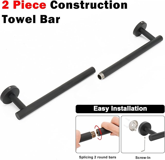 NearMoon Bath Towel Bar, Thicken Stainless Steel Shower Towel Rack Holder Wall Mounted for Bathroom, 24-lnch Overall Length-21-lnch Usable Hanging Space (1 Pack, Matte Black)