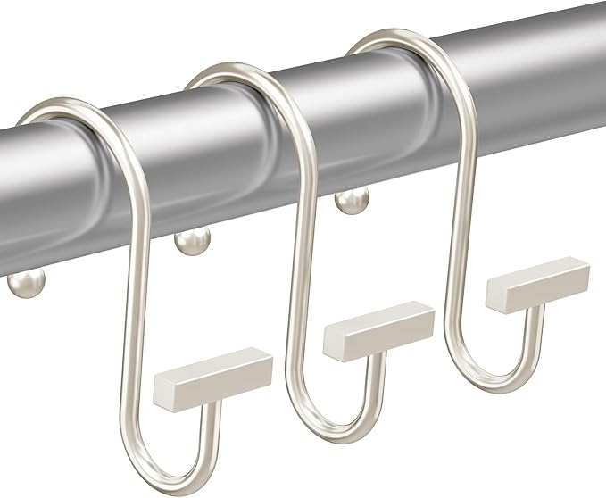Shower Curtain Hooks, Nickel Shower Curtain Rings Rust Proof, 12PCS Shower Hooks for Shower Curtain, T-Bar Design Convenient Elegant Shower Curtain Hangers for Bathroom Kitchen Wardrobe