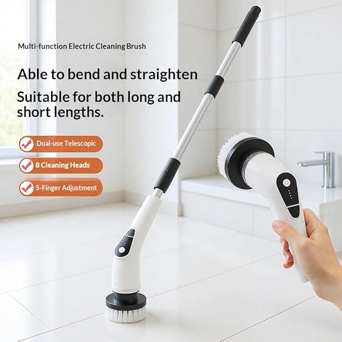 Multi-Functional Electric Rotary Cleaning Brush, with 8 Cleaning Brushes and 5 Speed Settings, Adjustable Long and Short Handles, Electric Scrubber for Bathroom bathtubs, Tiles and Floors (White)