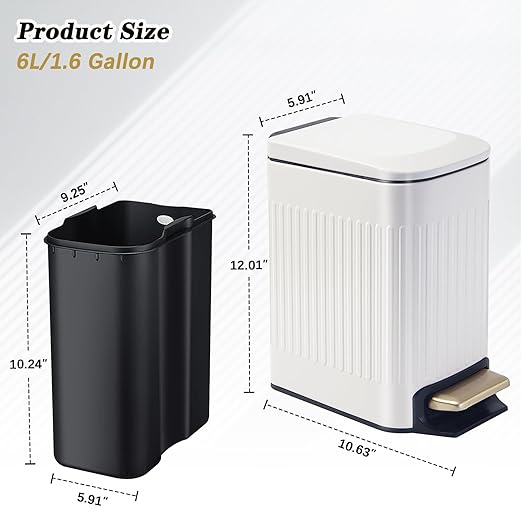 Soddeph Small Narrow Bathroom Trash Can with Lid Bathroom,1.6 Gallon Stainless Steel Wastebasket with Lid Soft Close,Slim Trash Can with Removable Inner Bucket for Toilet, Bedroom,Office (White)