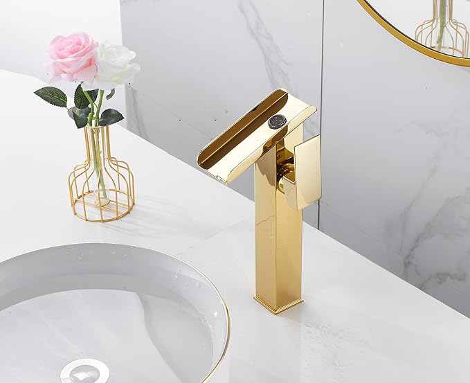Bathroom Vessel Faucet Gold LED 3 Color Changing Light Waterfall Vessel Sink Faucets Single Handle One Hole Bowl Sink Faucet Vanity Lavatory Basin Mixer Tap Tall with Supply Hose Commercial Modern
