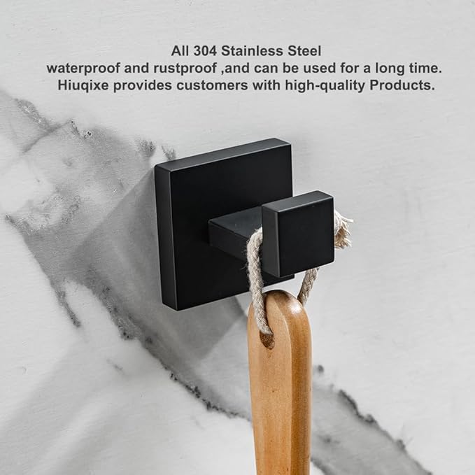 Matte Black Towel Hooks 2 Pack, SUS304 Stainless Steel Bathroom Robe Hook, Heavy Duty Modern Square Coat Holder, Rustproof, Anti-Rotation Wall Mount for Hand Towels & Bath