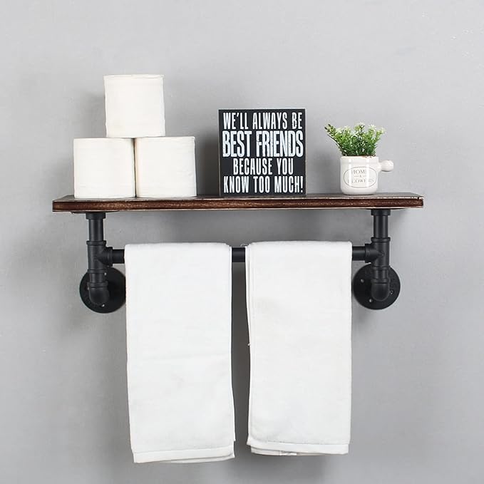 MBQQ Retro Black Shelving Bathroom Pipe Shelves with Towel Bar Over Toilet, 24 inch Pine Wood Floating Shelves for Wall Mounted Bedroom,Kitchen, Farmhouse, Living Room