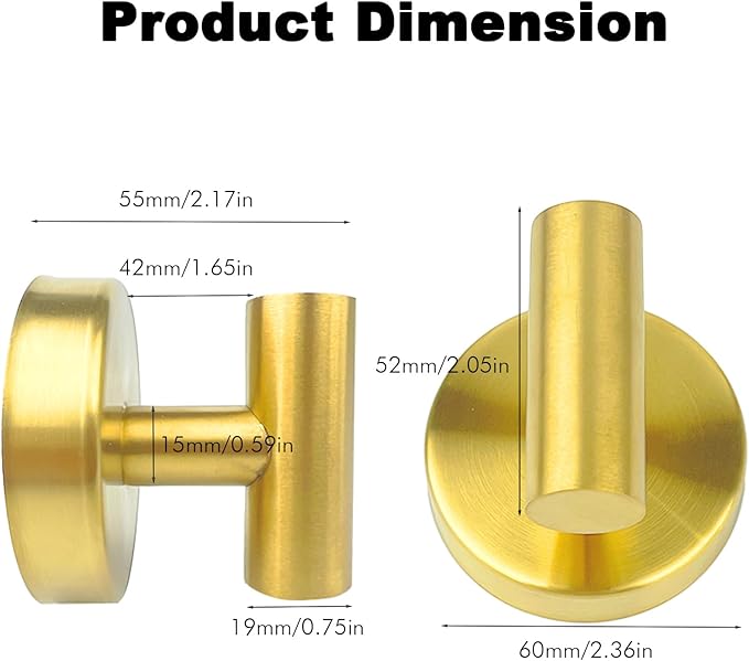 6 PCS Suction Cup Shower Towel Hooks, Wall Mount Robe Holder, Heavy Duty No Drill Wall SUS304 Waterproof Stainless Steel Hooks for Bedroom, Bathroom, Kitchen, Hotel and Office (Brushed Golden)