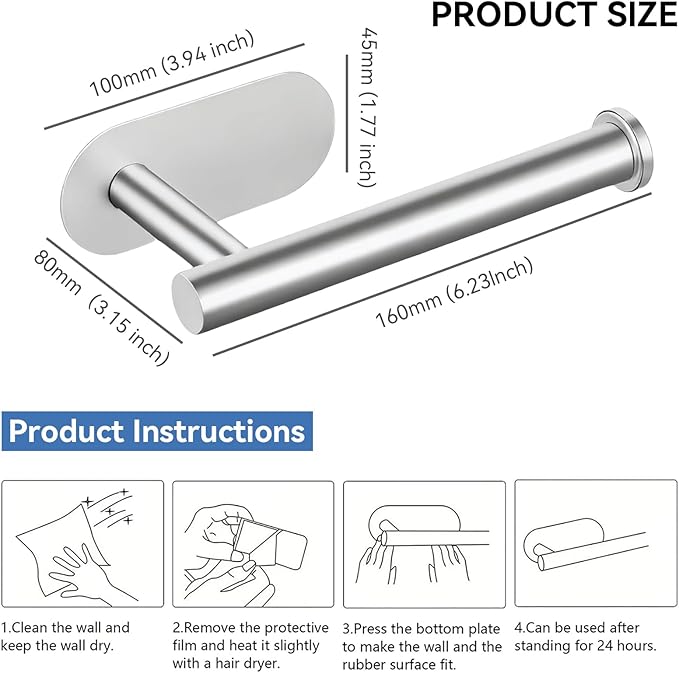 2 Packs Toilet Paper Holder No-Drill Self-Adhesive Towel Rack Stainless Steel Waterproof Rustproof Roll Paper Holder for Bathroom Washroom RVs (Brushed Silver)